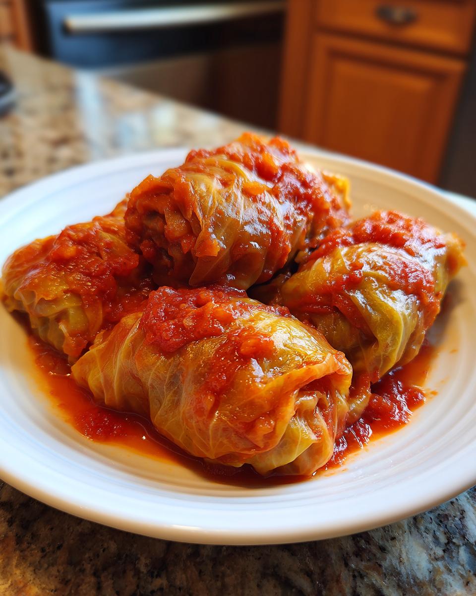 Four delicious polish stuffed cabbage rolls served on a white plate and covered in rich tomato sauce.