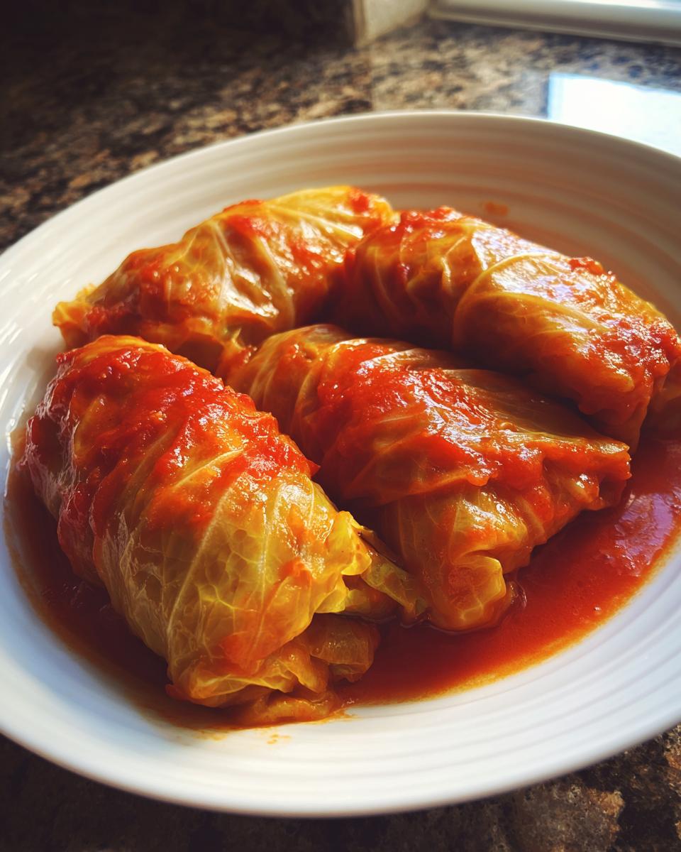 Four plump polish stuffed cabbage rolls covered in a rich, bright red tomato sauce served on a white plate.