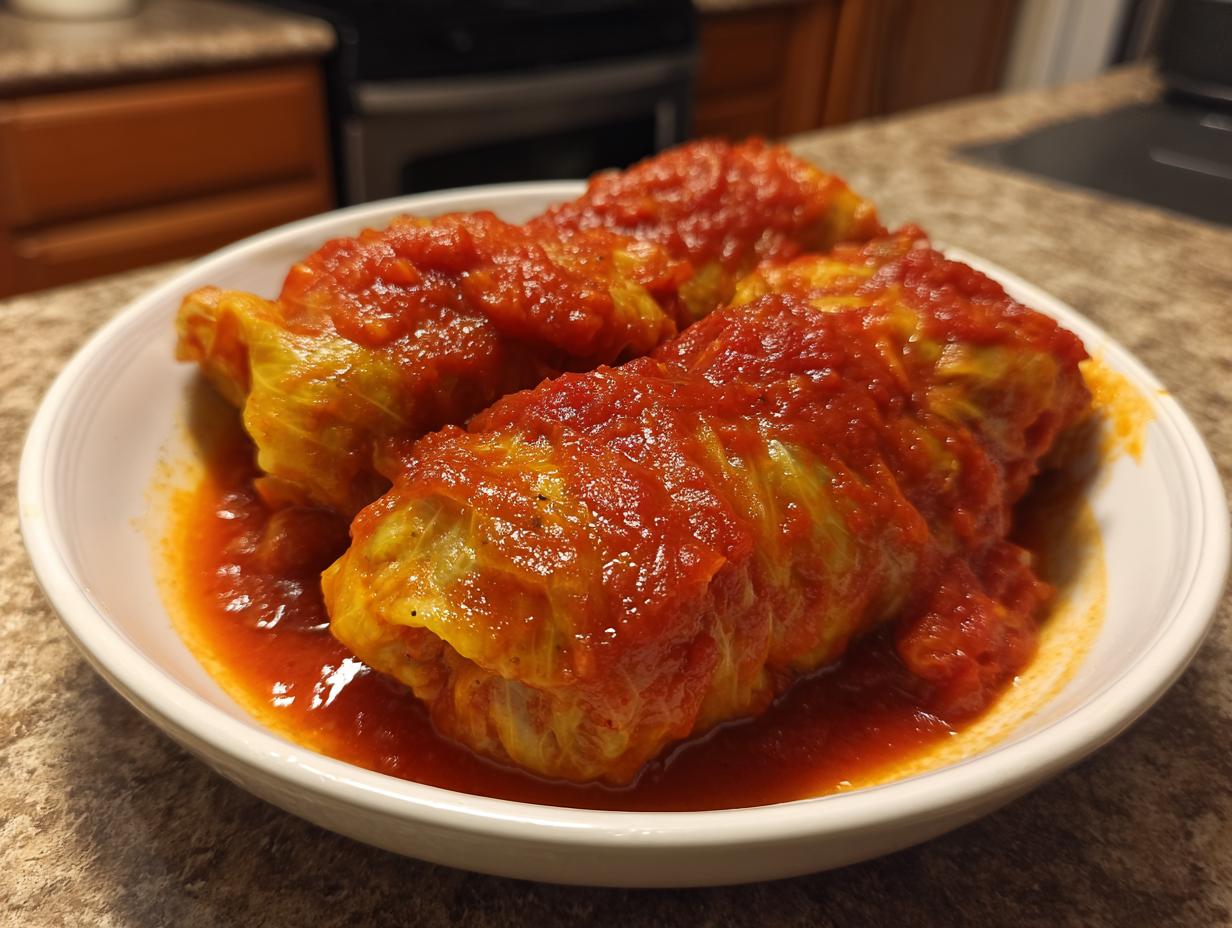 Three tender polish stuffed cabbage rolls smothered in a rich, bright red tomato sauce, served in a white bowl.