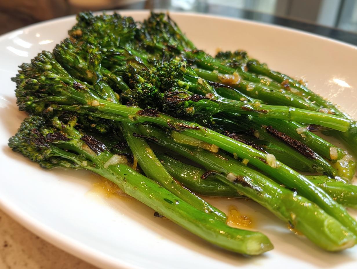 Close-up of bright green, roasted broccolini stalks glistening with a garlic and oil glaze on a white plate.