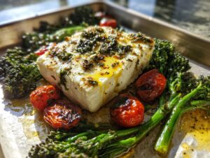 Close-up of a block of baked feta topped with herbs and oil, surrounded by roasted broccolini and blistered cherry tomatoes in a sheet pan.