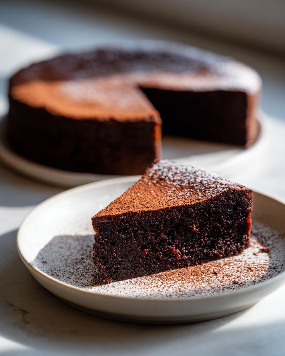 A slice of dense, dark flourless chocolate cake dusted with powdered sugar and cocoa on a plate.