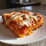 A generous slice of cheesy spaghetti squash casserole topped with marinara sauce on a white plate.
