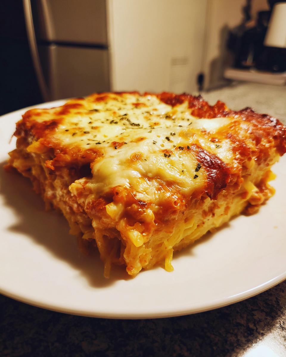 A thick slice of baked spaghetti squash casserole topped with melted, browned cheese and herbs.