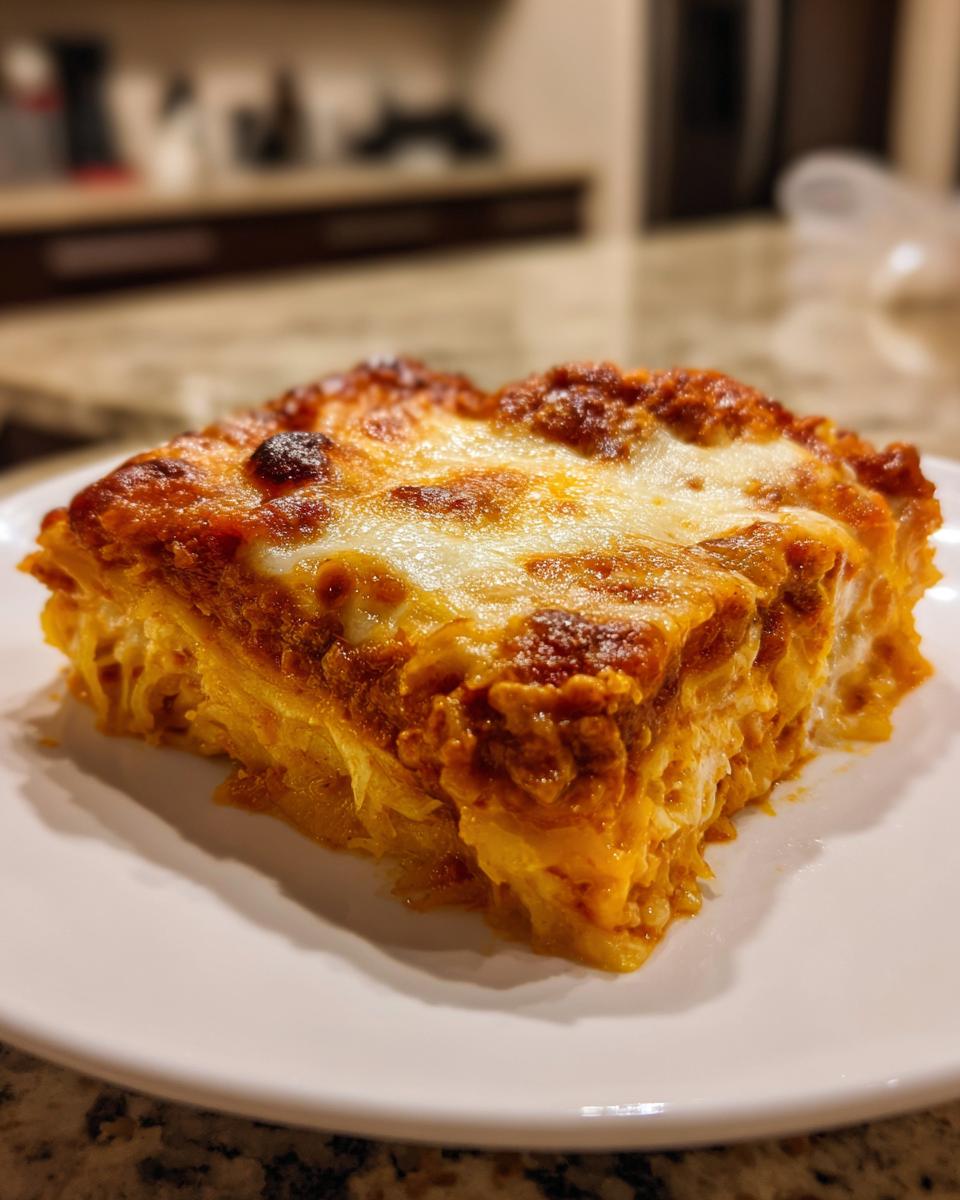 A square slice of baked spaghetti squash casserole topped with melted cheese and sauce.