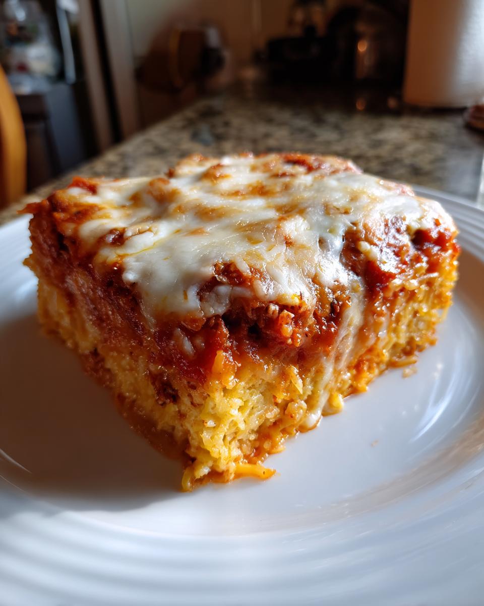 A square serving of spaghetti squash casserole topped with melted mozzarella cheese and rich tomato sauce.