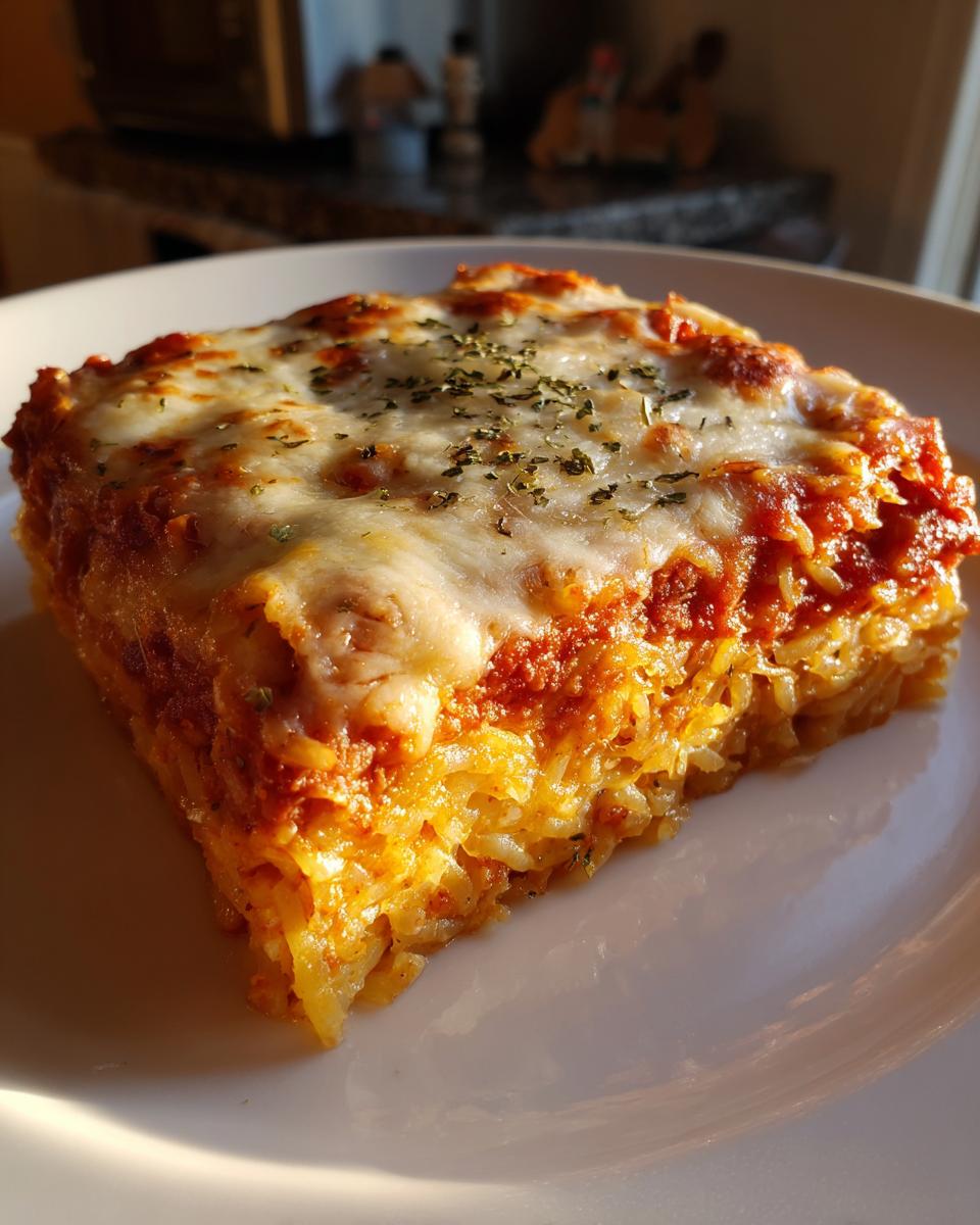 A golden slice of baked spaghetti squash casserole topped with melted cheese and herbs.