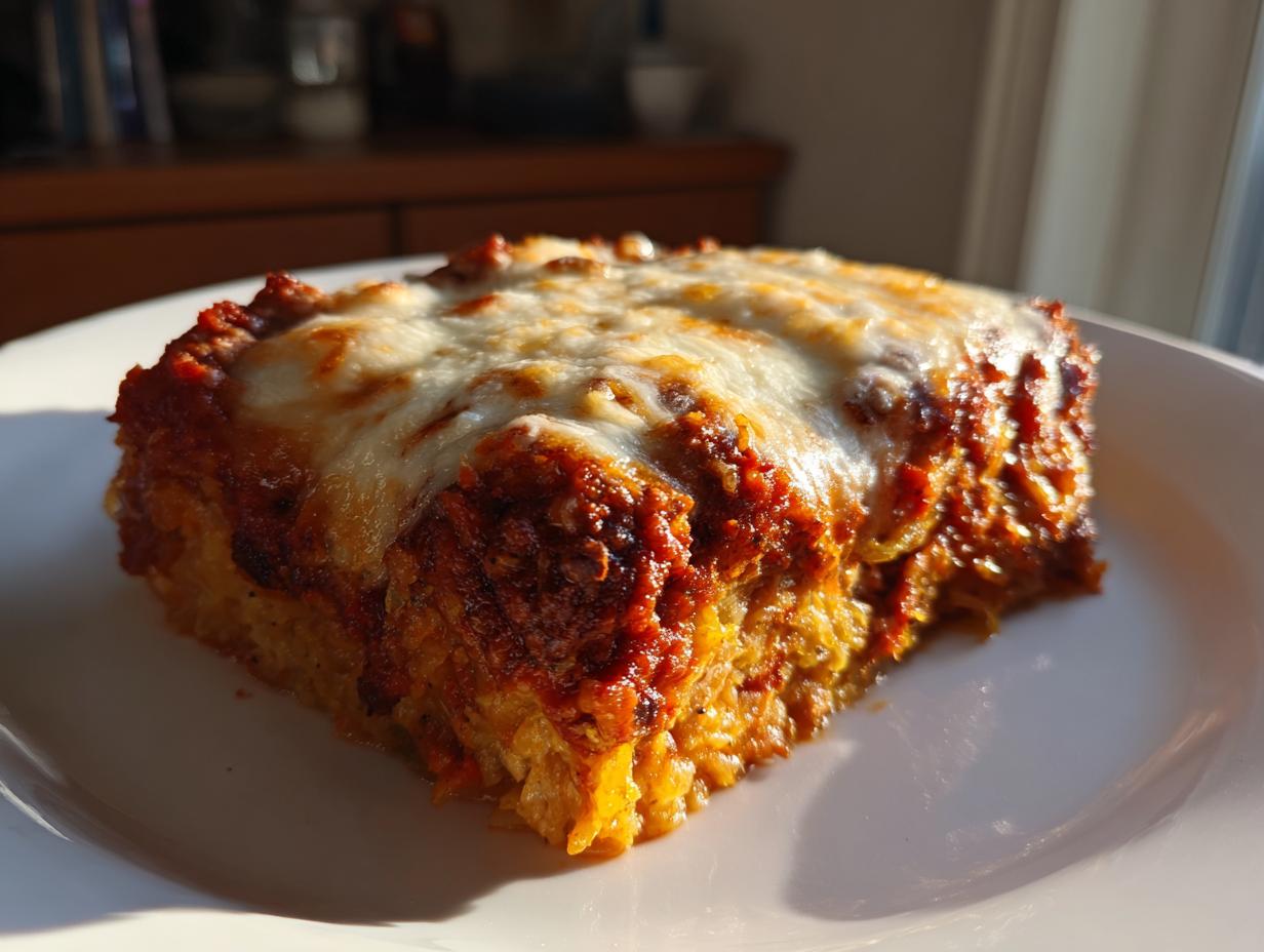 A close-up of a hearty slice of spaghetti squash casserole topped with melted, bubbly cheese.