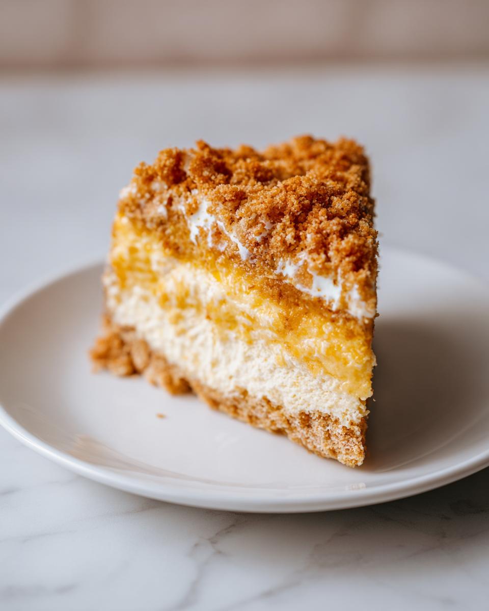 A decadent slice of layered squash casserole with a creamy base and crumb topping.