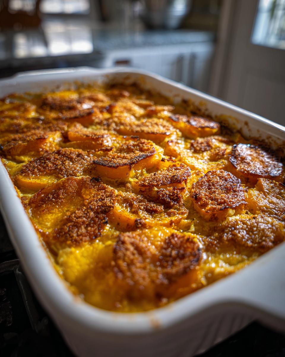 Close-up of a golden baked squash casserole with ritz crackers topping in a white baking dish.