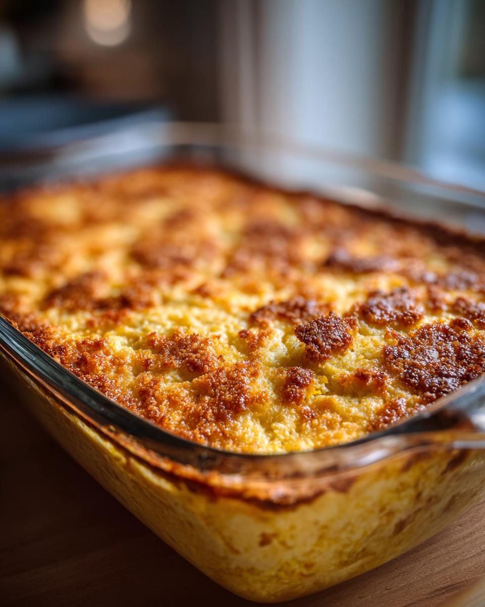 Close-up of a baked squash casserole with a golden brown, slightly crispy top, likely featuring ritz crackers.