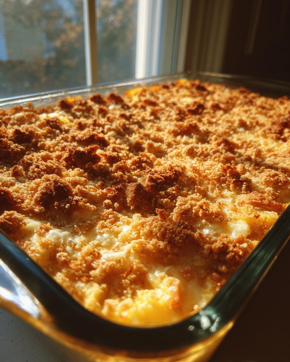 Close-up of baked squash casserole with a golden, crunchy ritz crackers topping, set near a window.
