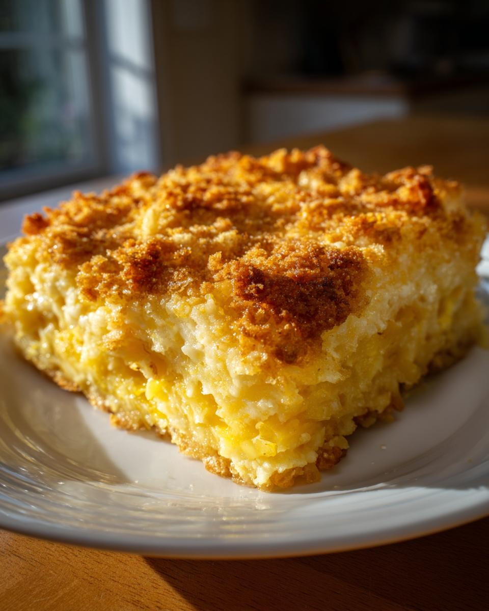 A square slice of bright yellow squash casserole with a golden brown, crunchy ritz crackers topping.