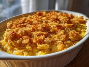 A close-up of a baked squash casserole with ritz crackers topping in a white oval dish.
