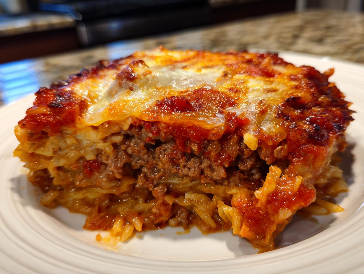 Close-up of a serving of stuffed cabbage roll casserole showing layers of ground meat, rice, and a bubbly, cheesy tomato topping.