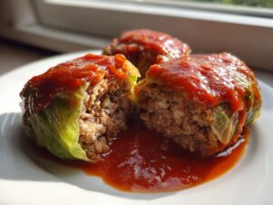 Close-up of two Stuffed Cabbage Rolls cut open showing the meat filling, covered in rich tomato sauce.