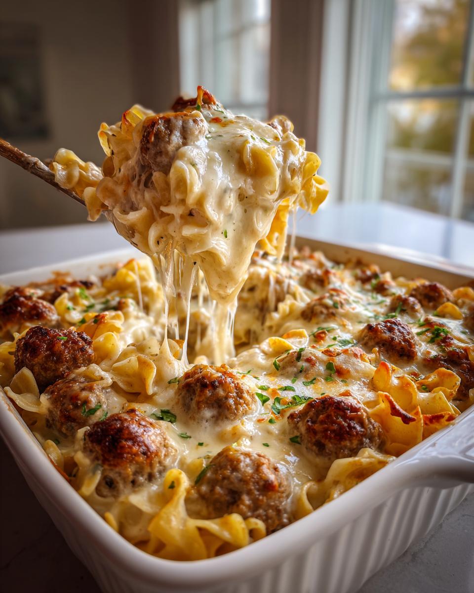 A spoonful of creamy Swedish meatball noodle bake showing extreme cheese pull over the casserole dish.