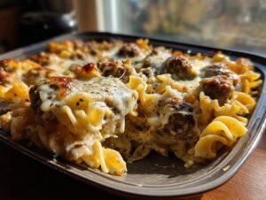 Close-up of a baked Swedish meatball noodle bake topped with melted, browned cheese and herbs.