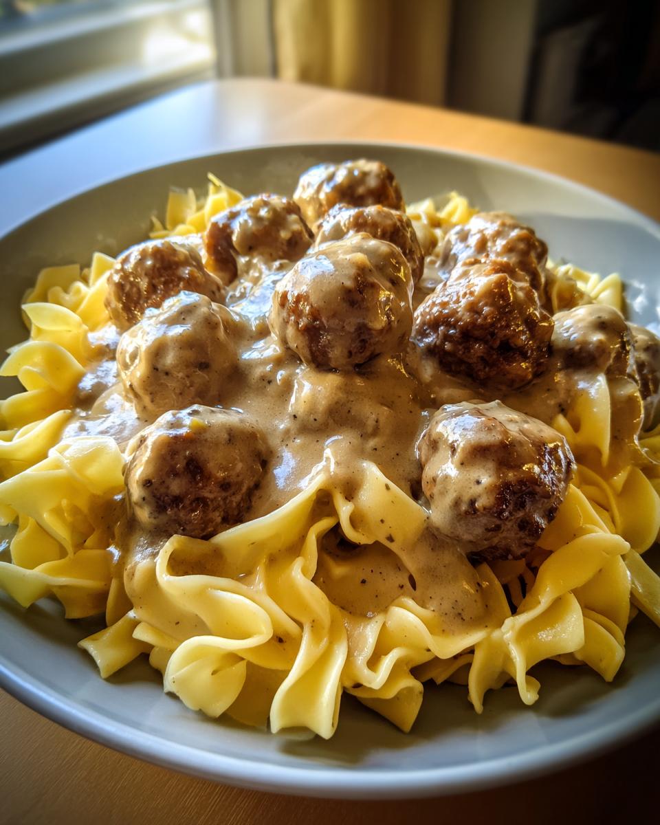 A close-up of tender Swedish meatballs smothered in creamy sauce served over bright yellow egg noodles.