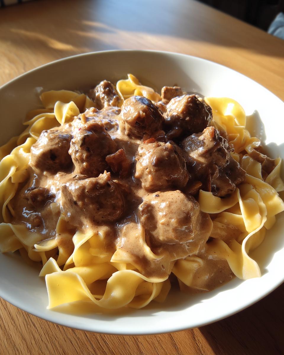 Close-up of tender Swedish meatballs smothered in creamy brown gravy served over wide egg noodles.
