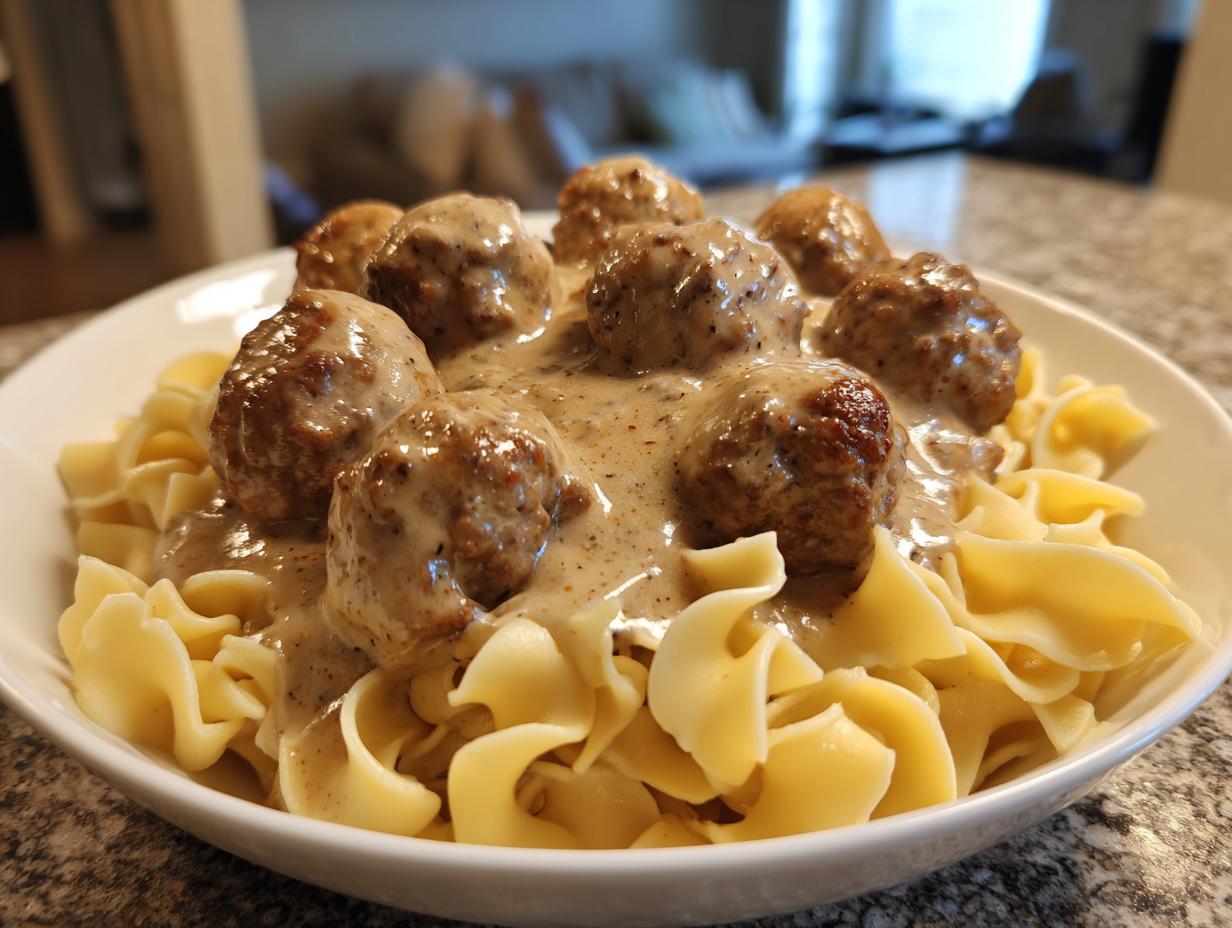 A white bowl filled with tender Swedish meatballs smothered in creamy gravy served over wide egg noodles.