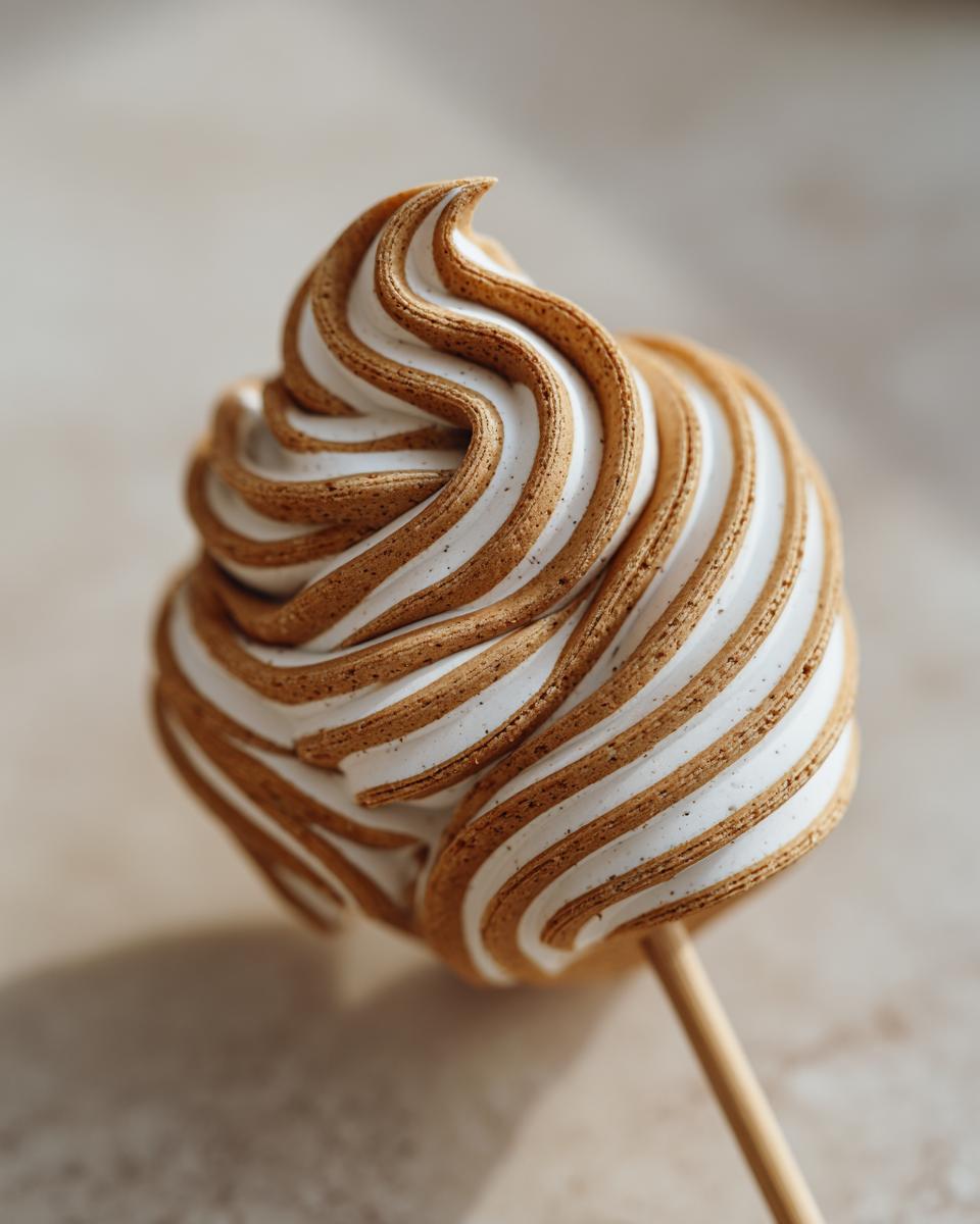 Close-up of a decorative cinnamon roll cake topper made of swirled brown and white frosting on a wooden stick.