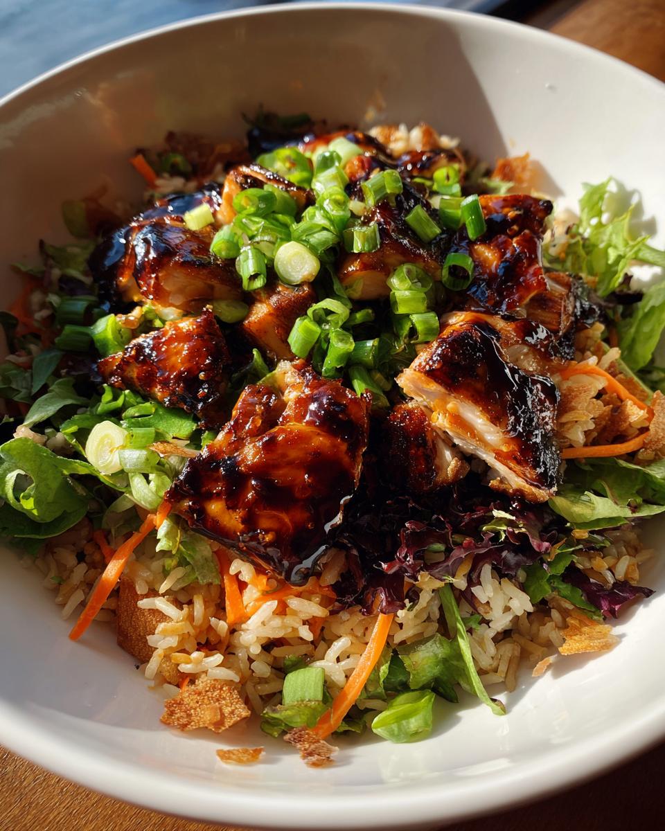 Close-up of teriyaki chicken crispy rice salad topped with glossy sauce and green onions.
