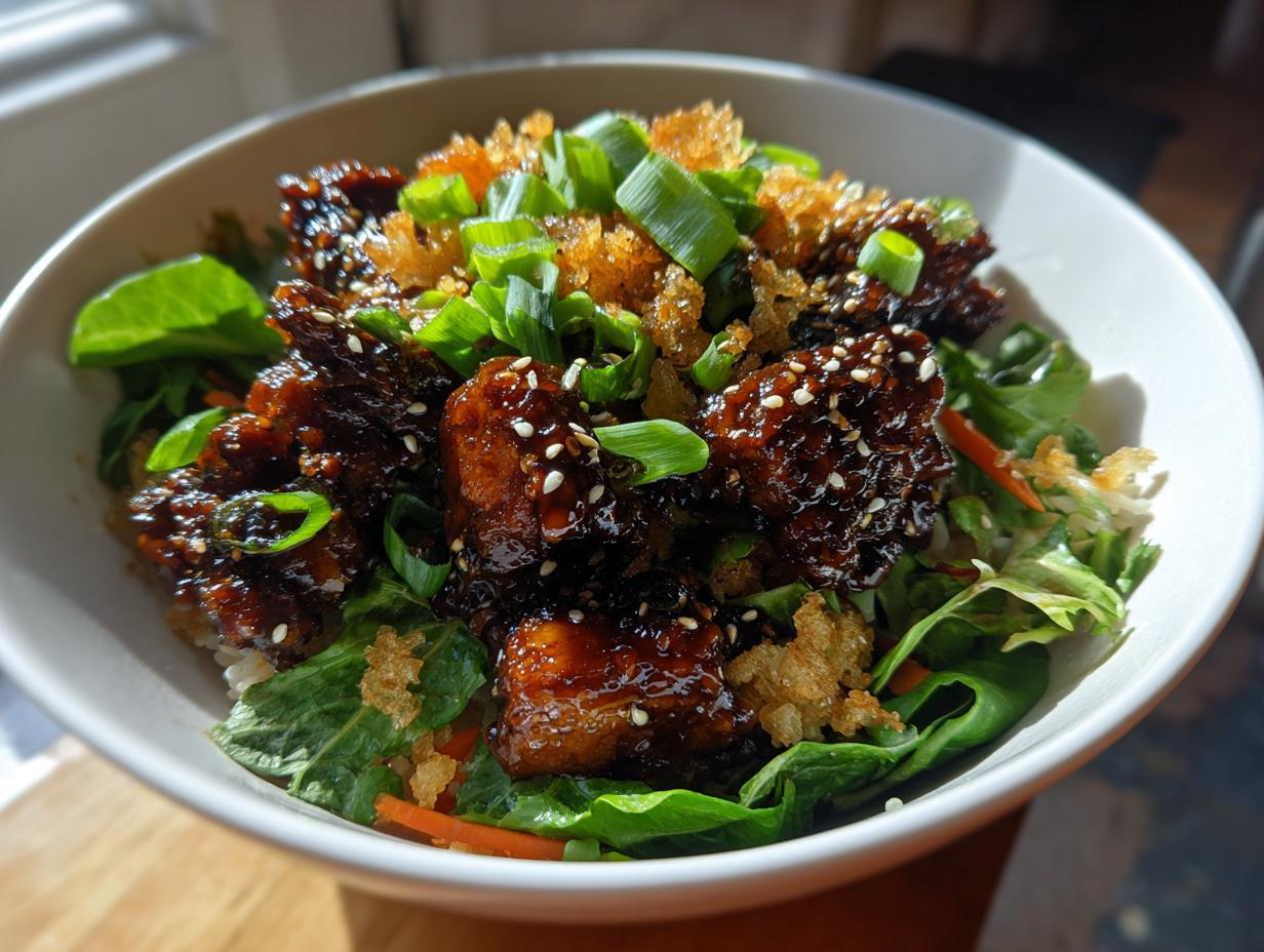 Close-up of a teriyaki chicken crispy rice salad featuring glazed chicken pieces, greens, and scallions.