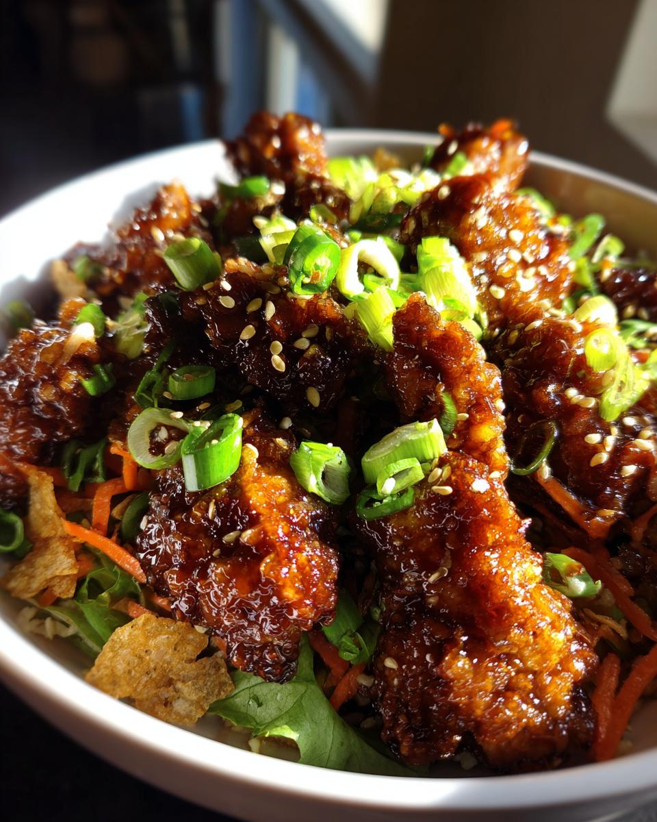 Close-up of crispy, glazed teriyaki chicken pieces topping a salad base with shredded carrots and green onions.