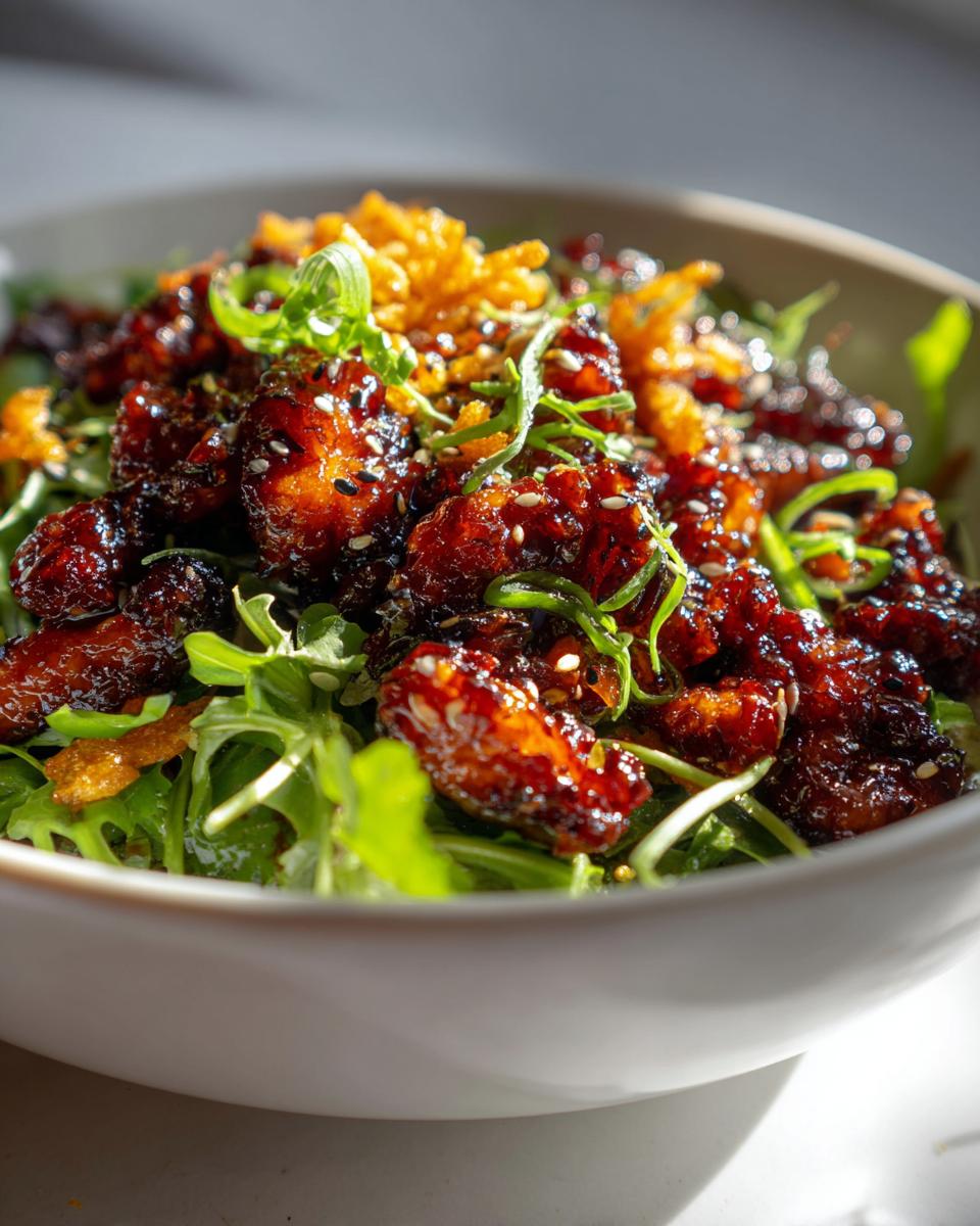 Close-up of teriyaki chicken crispy rice salad featuring glazed chicken pieces over greens, topped with sesame seeds and crispy onions.