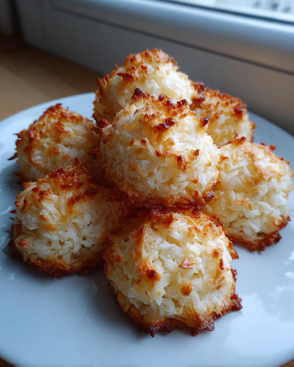 A small pile of golden brown, toasted coconut macaroons resting on a white plate.