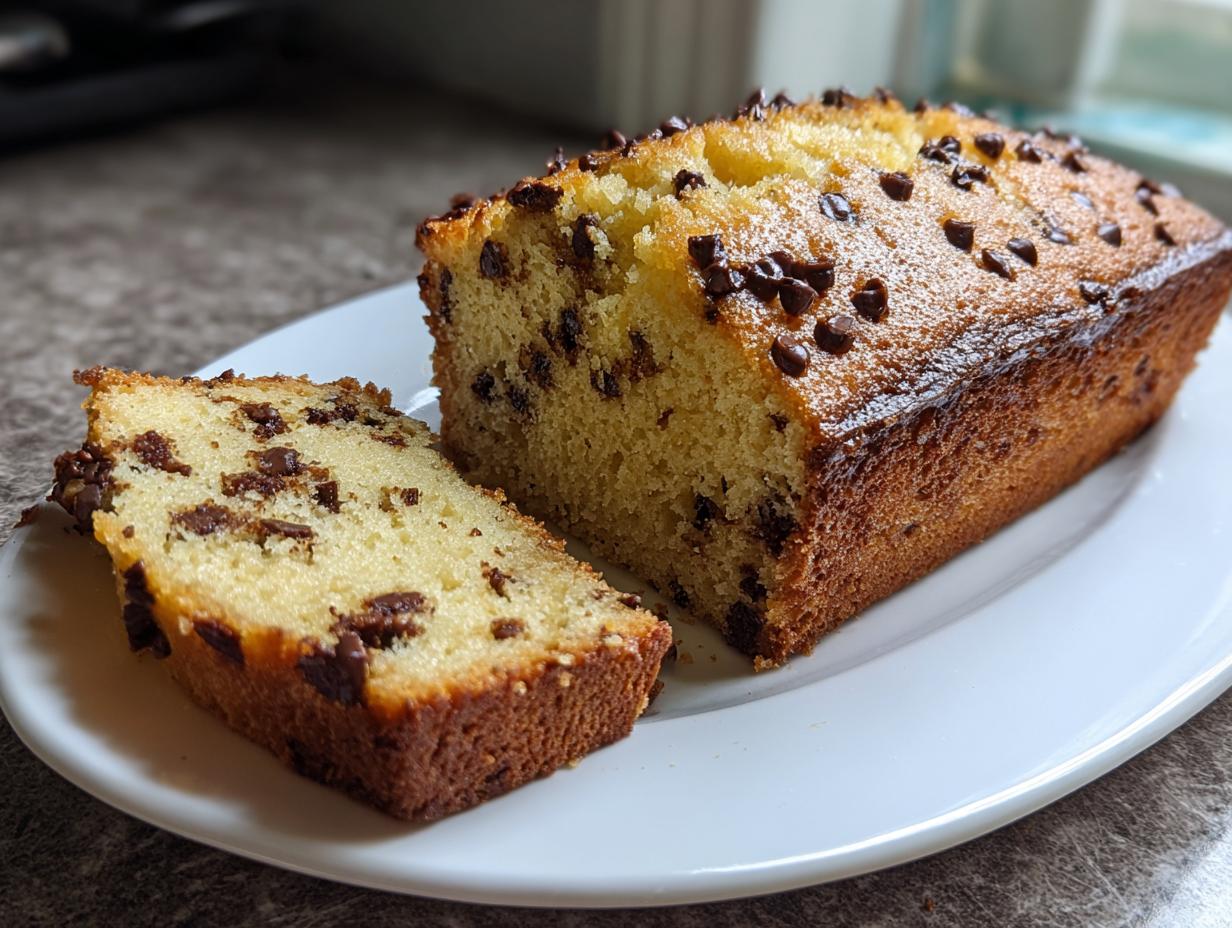 A golden-brown vanilla chocolate chip cake loaf with one slice cut, showing moist crumb and chocolate chips.