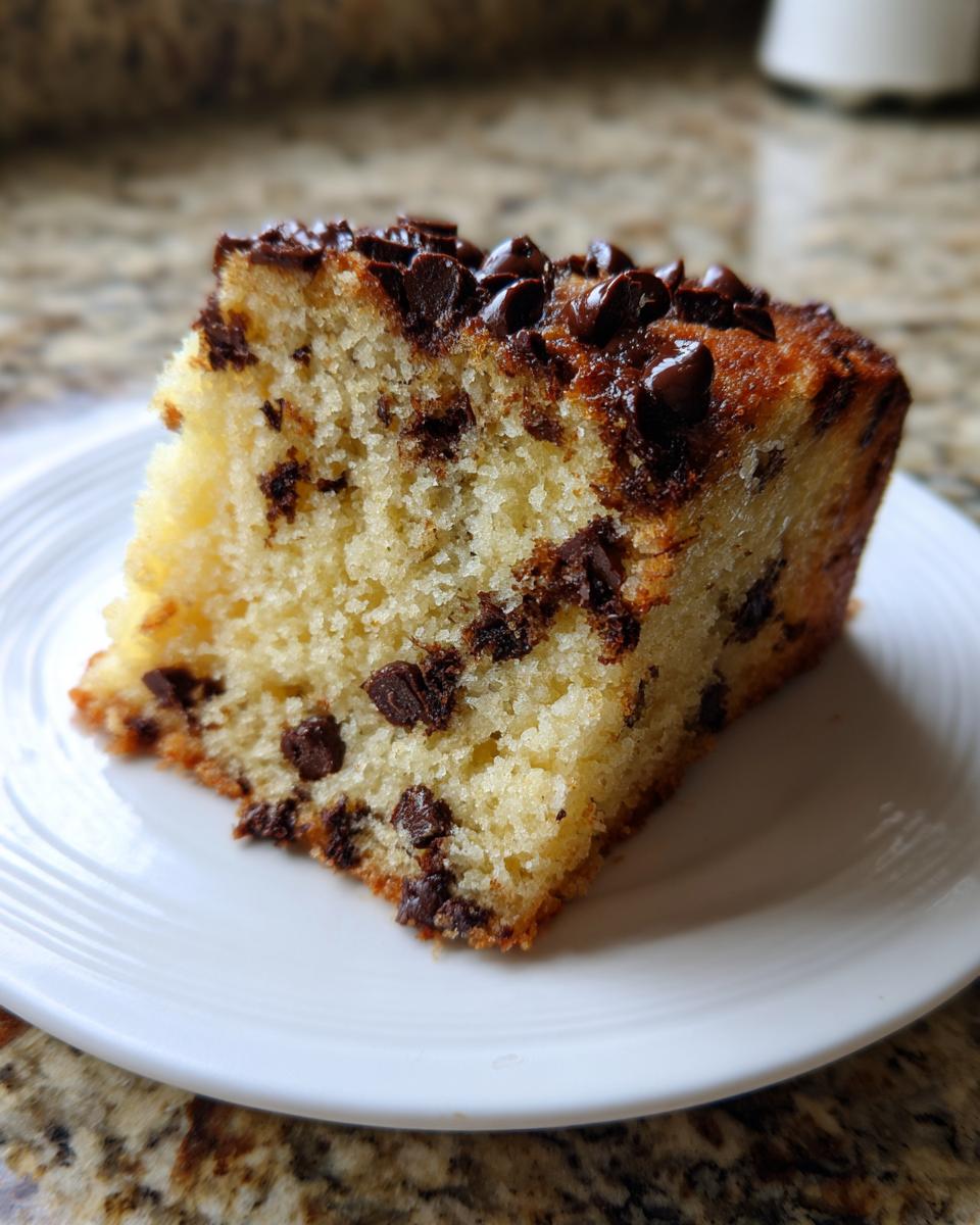 A moist slice of vanilla chocolate chip cake studded with chocolate chips and topped with melted chips.