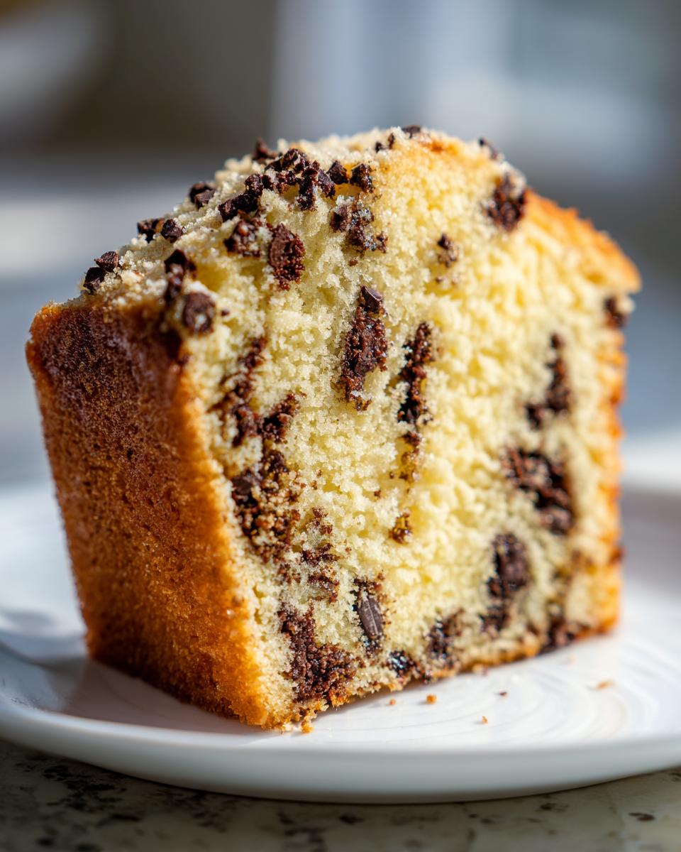 Close-up of a moist slice of vanilla chocolate chip cake, studded with dark chocolate pieces.