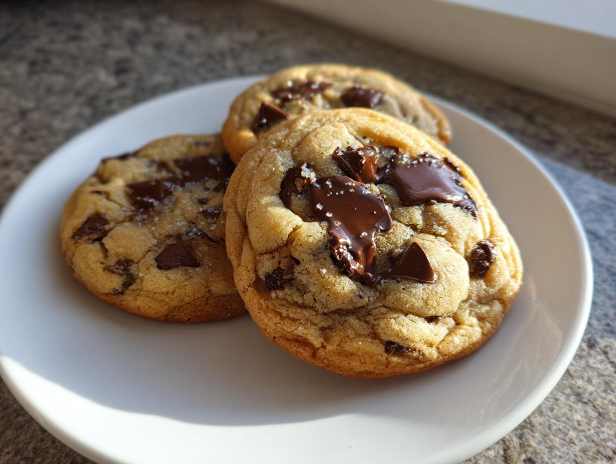 Three soft, thick vanilla pudding chocolate chip cookies topped with flaky sea salt on a white plate.