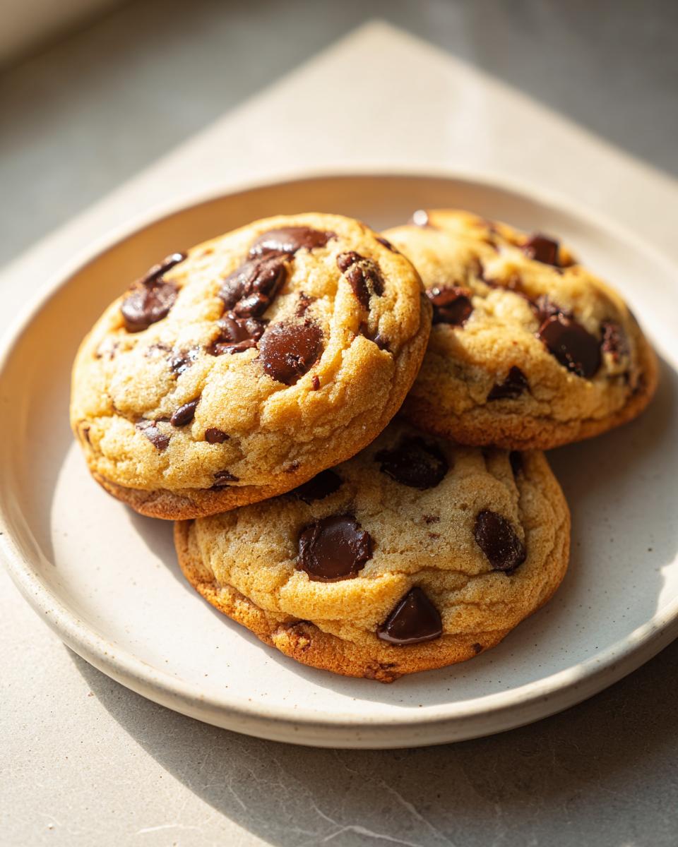 Three golden brown vanilla pudding chocolate chip cookies stacked slightly on a light ceramic plate.