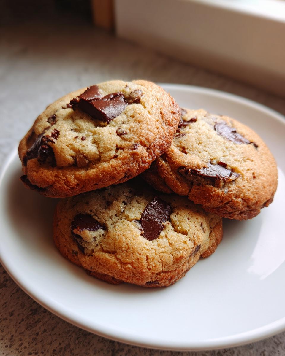 Three soft, thick vanilla pudding chocolate chip cookies stacked slightly on a white plate.