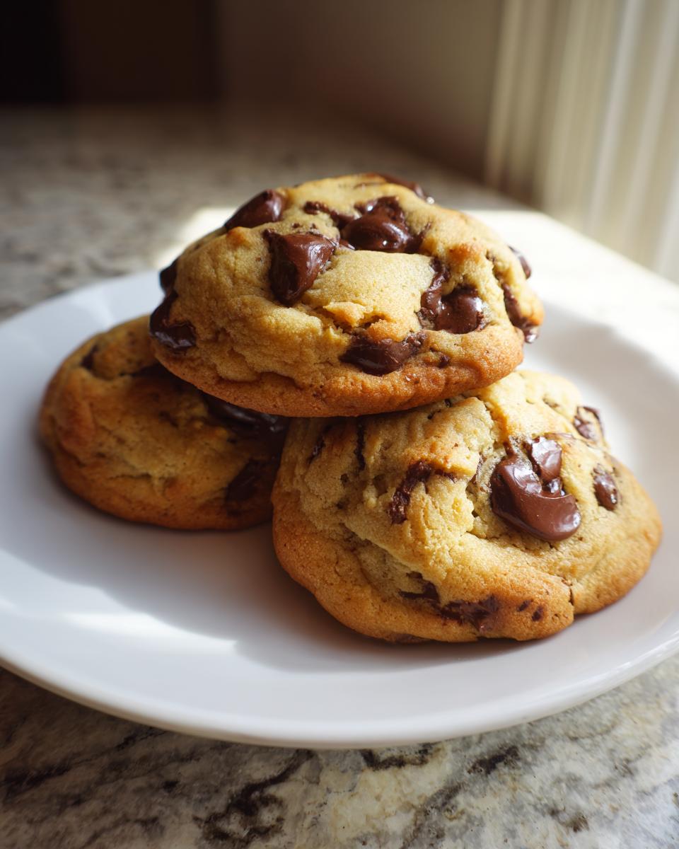 Three thick, soft vanilla pudding chocolate chip cookies stacked on a white plate.