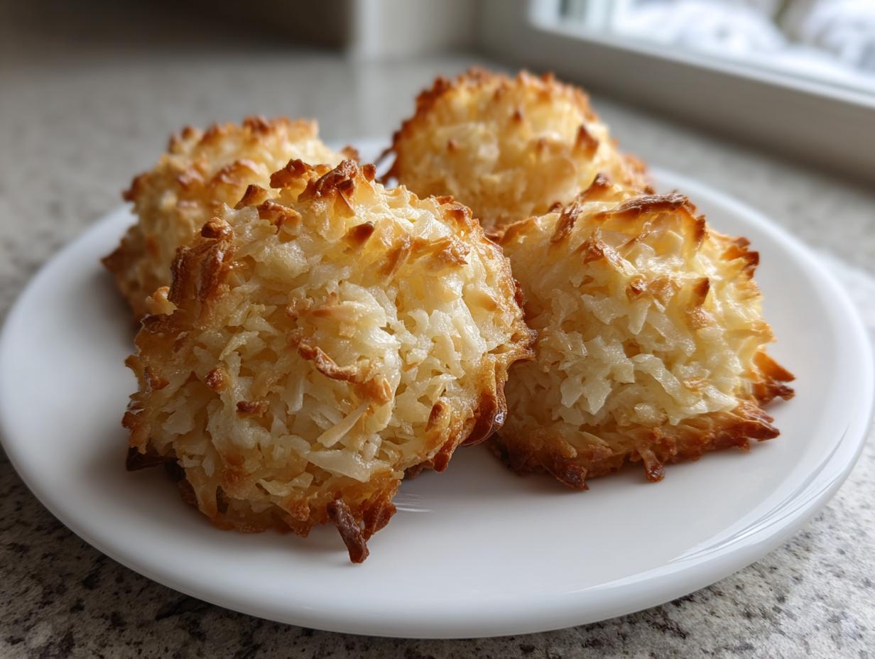 Close-up of four golden-brown vegan coconut macaroons piled on a small white plate.