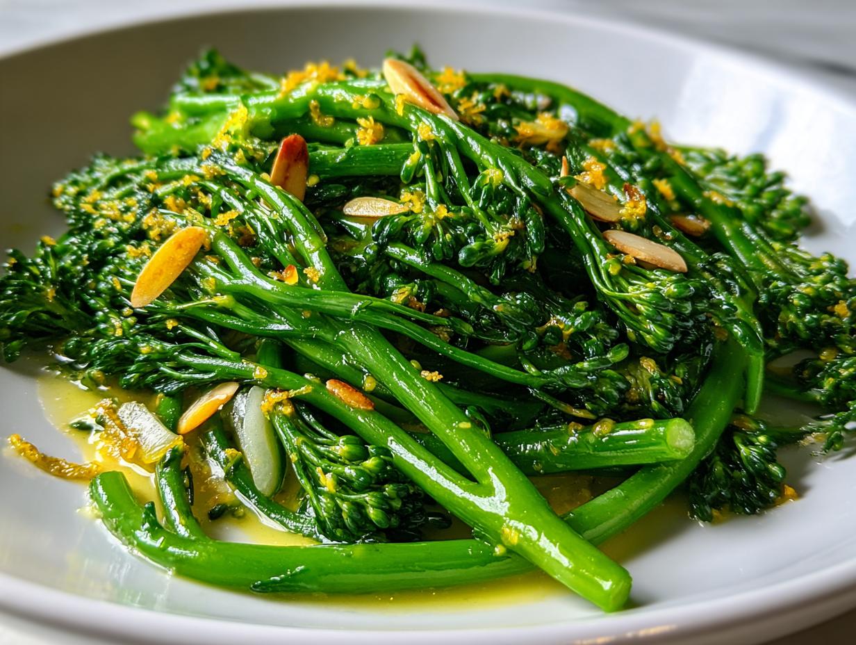 Close-up of a bright green broccolini salad tossed in olive oil, lemon zest, and sliced almonds.