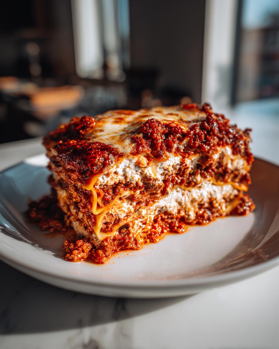 A tall, rich slice of layered lasagna with meat sauce and melted cheese, highlighting the layers.