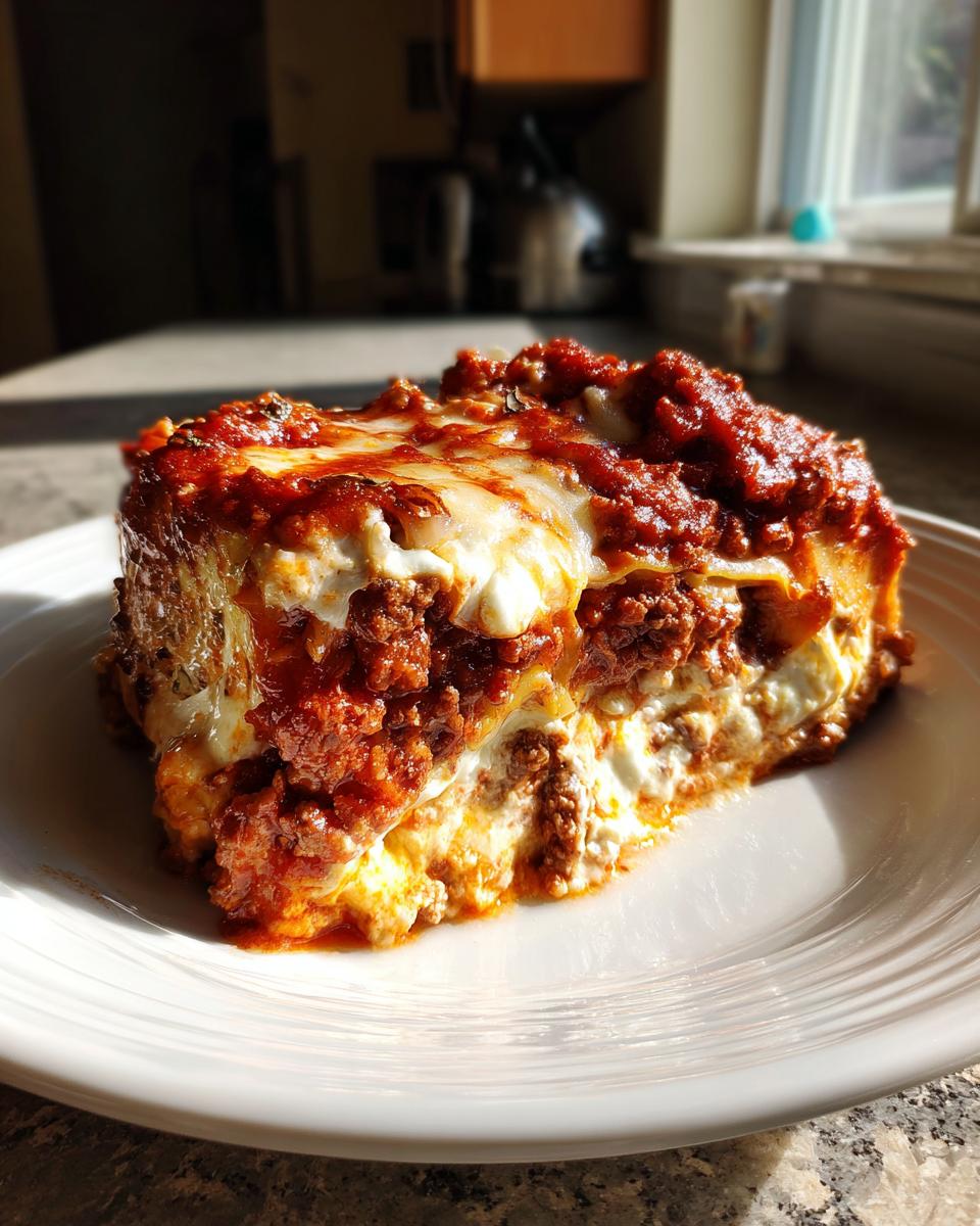 A generous, layered slice of amazing 550-calorie lasagna with rich meat sauce and melted cheese on a white plate.