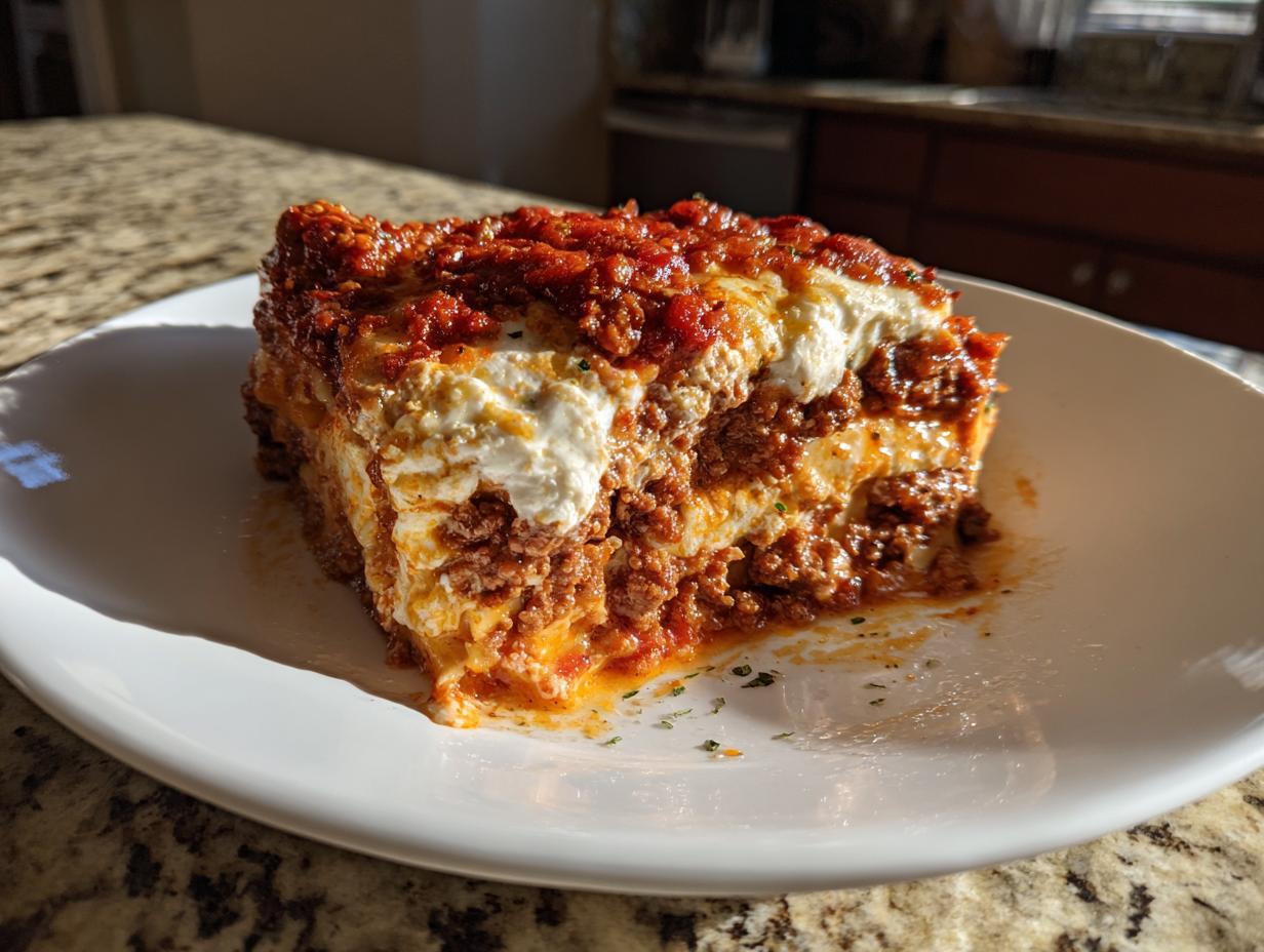 A thick, layered slice of amazing 550-calorie lasagna with meat sauce and ricotta cheese on a white plate.
