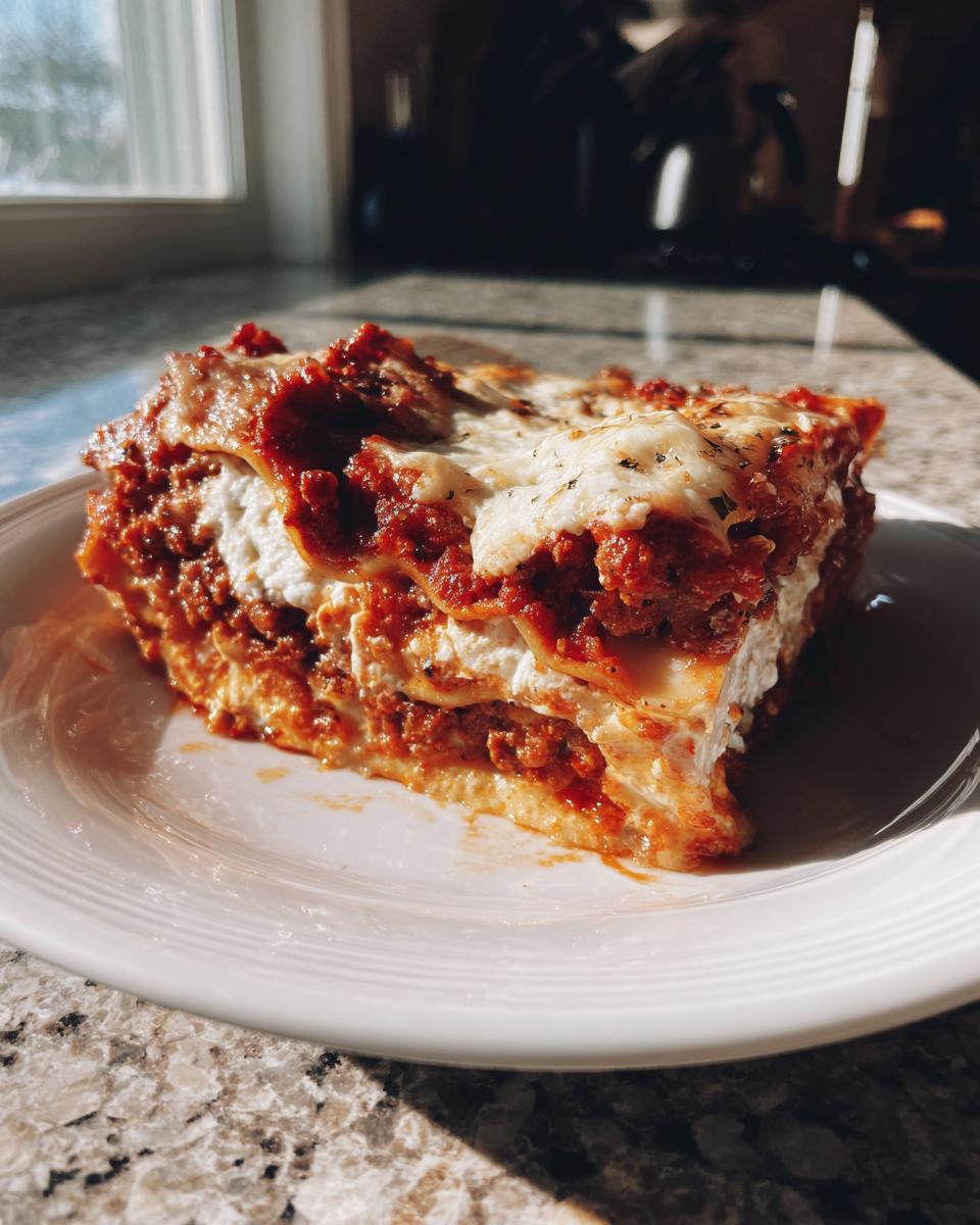 A thick, layered slice of lasagna with rich meat sauce and white cheese filling, sitting on a white plate.