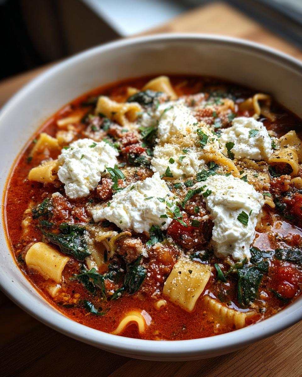 Close-up of a hearty bowl of lasagna soup topped with dollops of ricotta cheese and fresh herbs.