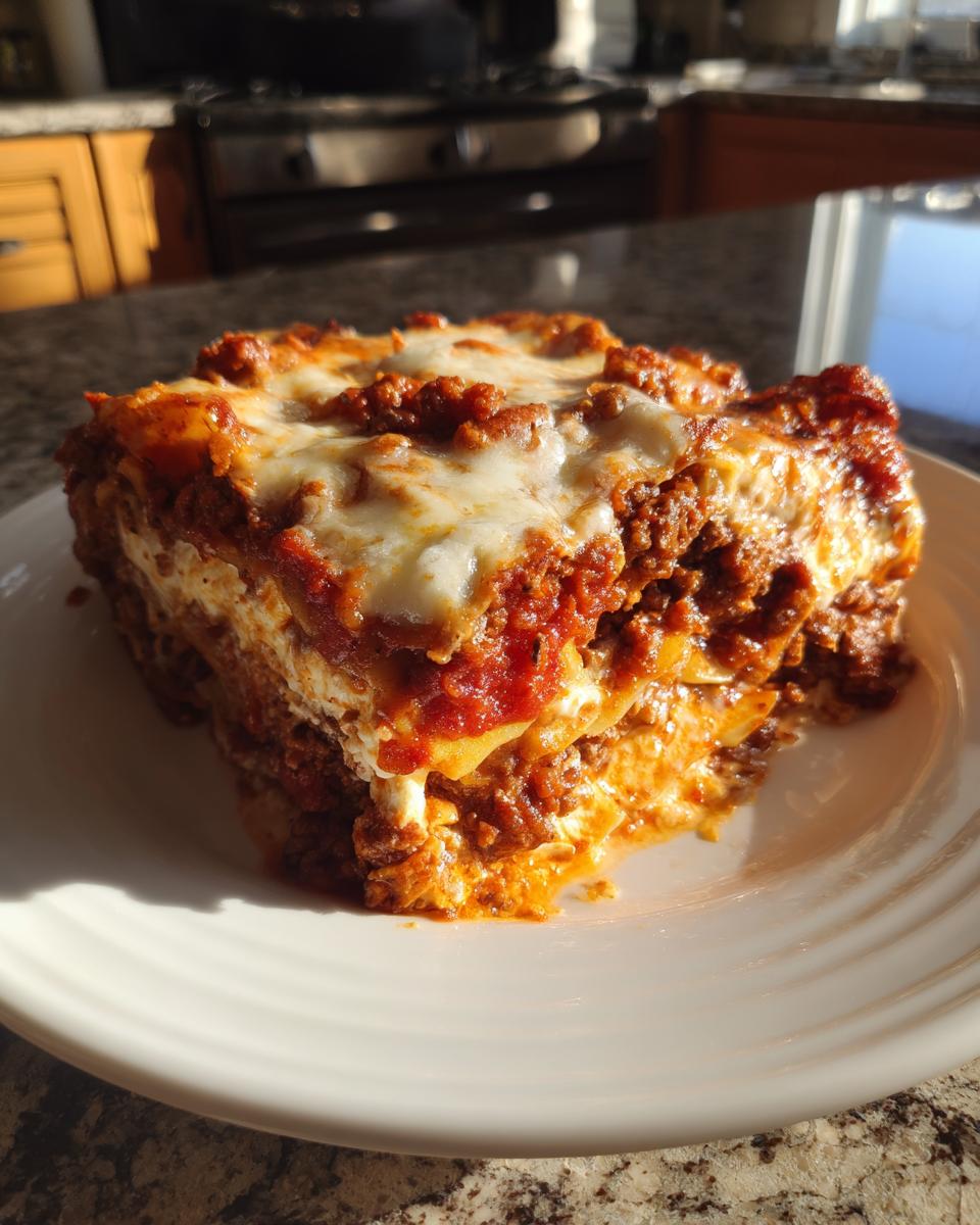 A thick, cheesy slice of amazing 550-calorie lasagna with rich meat sauce on a white plate.