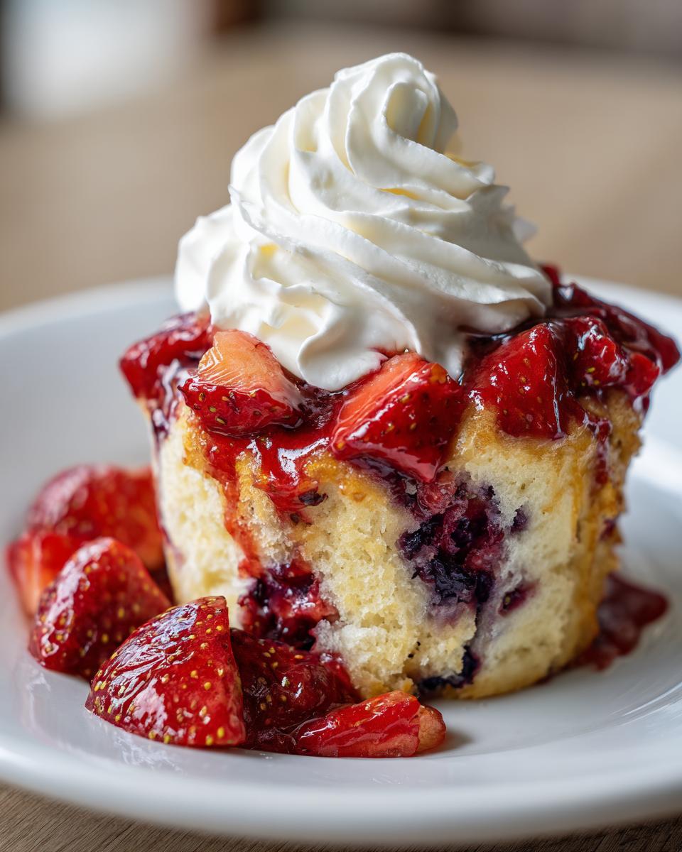 A close-up of a blueberry muffin strawberry shortcake topped with whipped cream and strawberry glaze.
