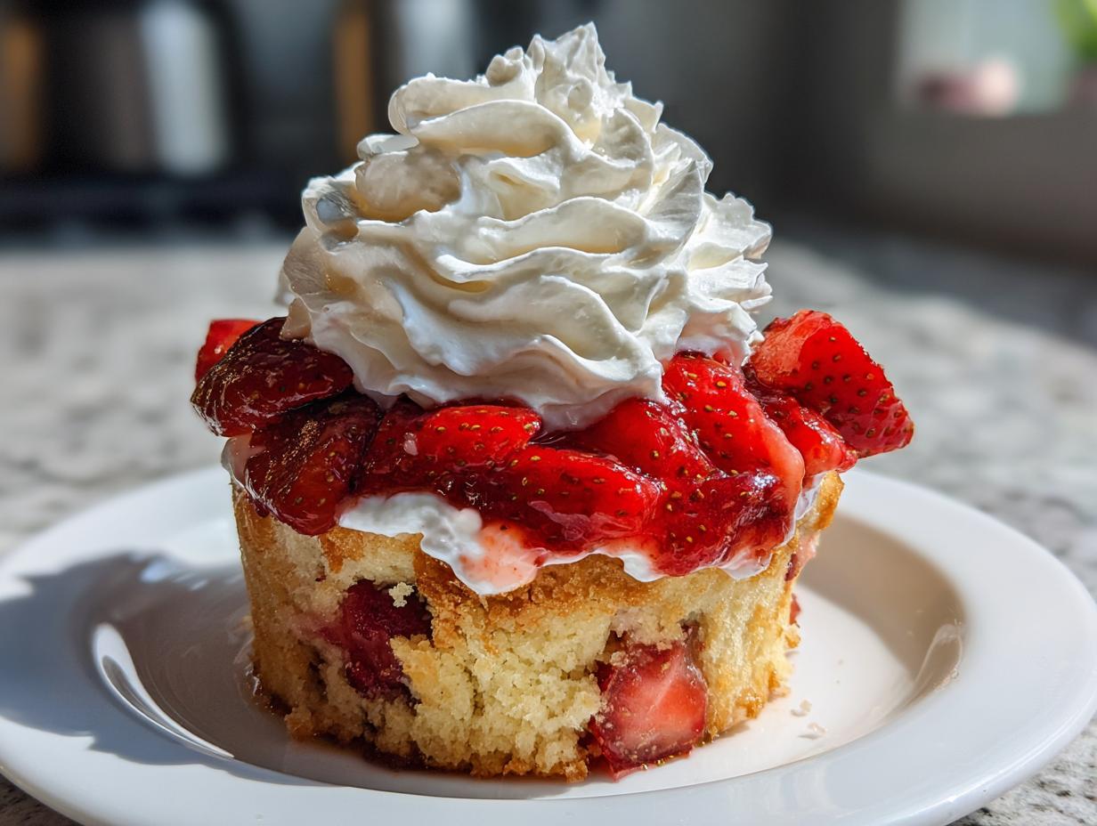 A single serving of blueberry muffin strawberry shortcake topped with macerated strawberries and whipped cream.