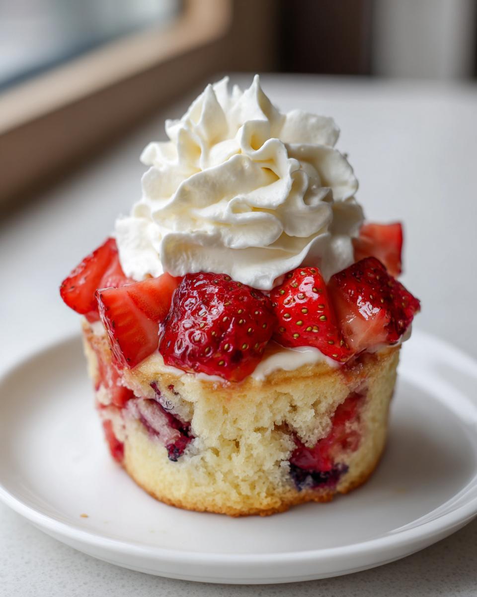 A single serving of blueberry muffin strawberry shortcake topped with fresh strawberries and whipped cream.