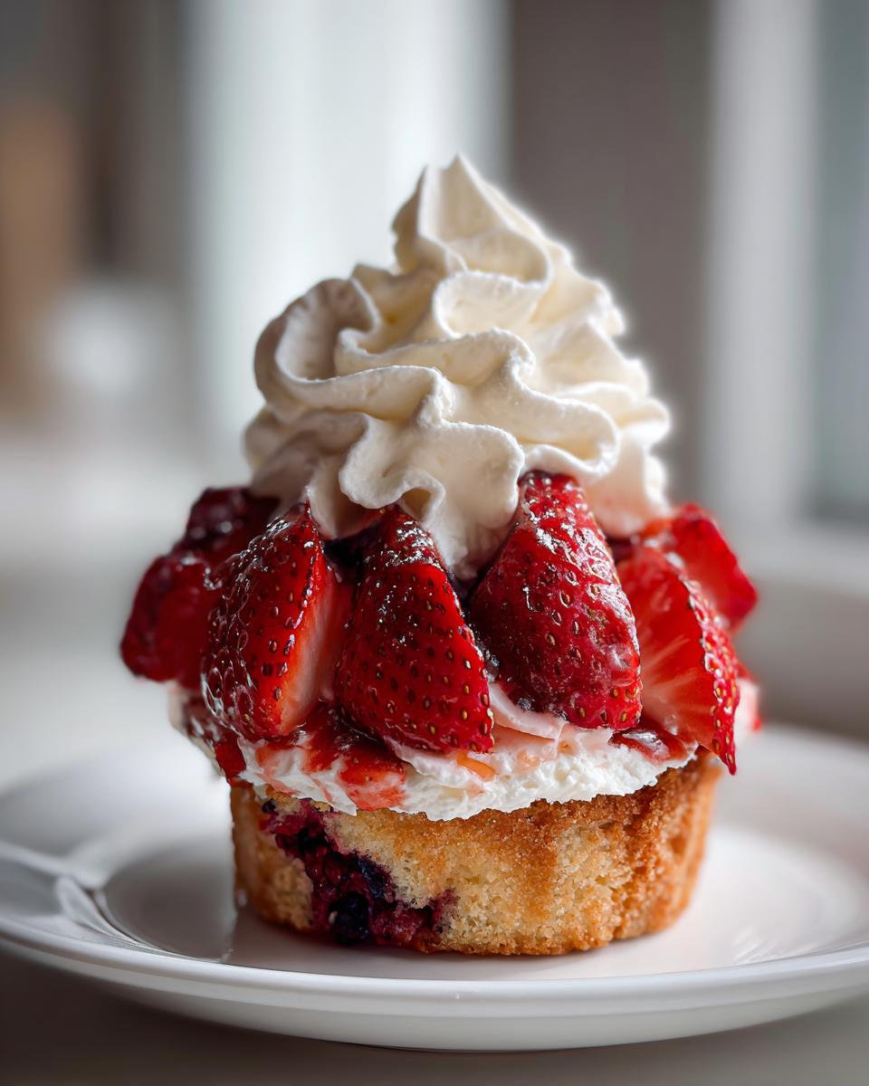 A single blueberry muffin strawberry shortcake topped with fresh sliced strawberries, cream, and whipped topping on a white plate.
